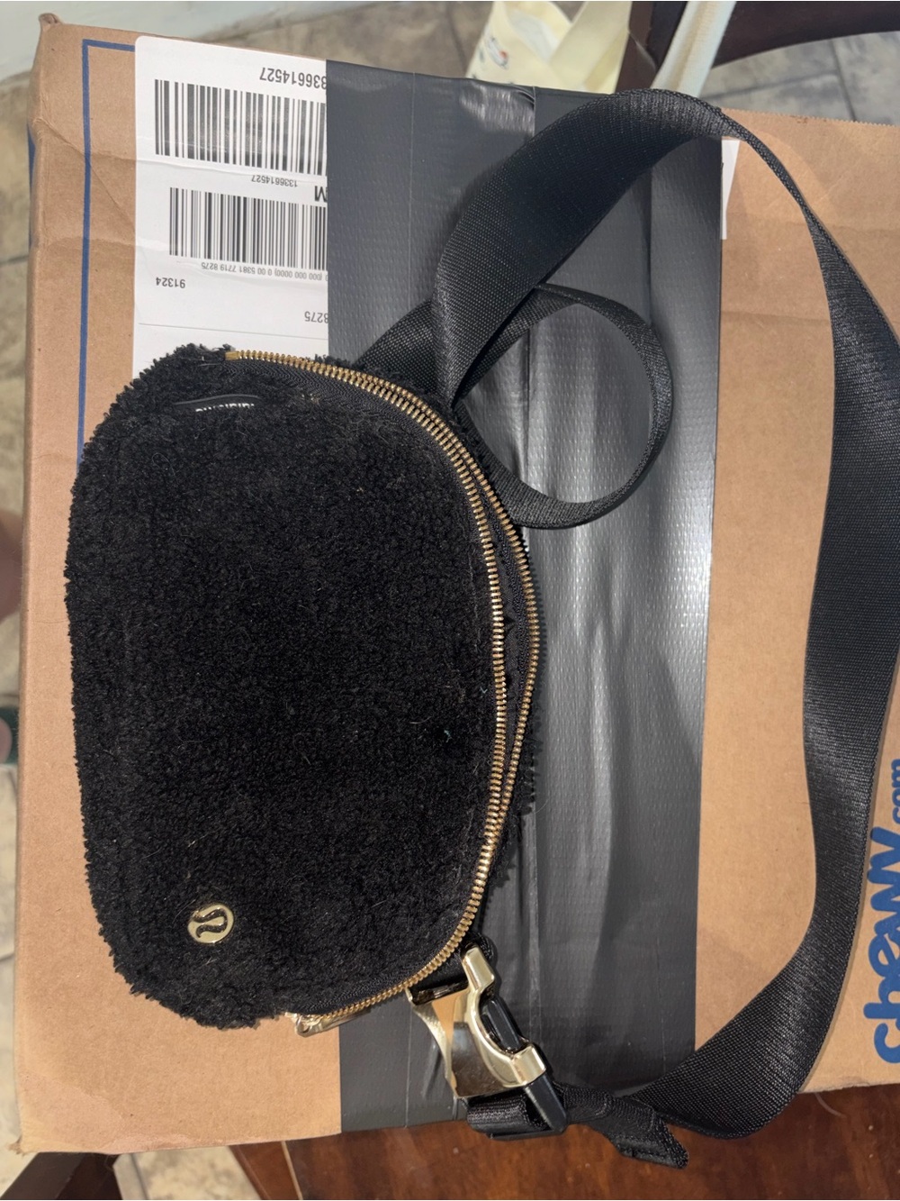 lululemon athletica Black Sherpa Crossbody Belt Bag with Gold Hardware